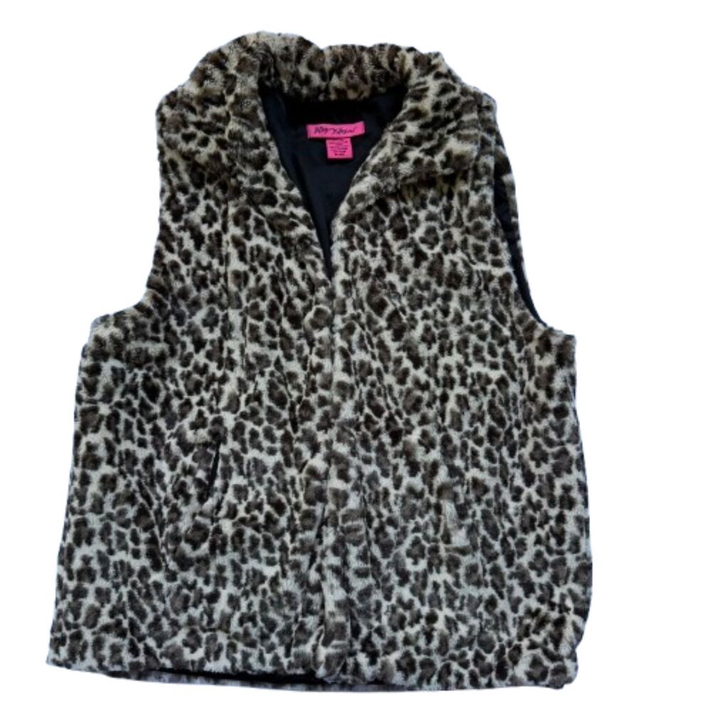 Betsey Johnson Faux Fur Leopard Print Vest Sleeveless Jacket M